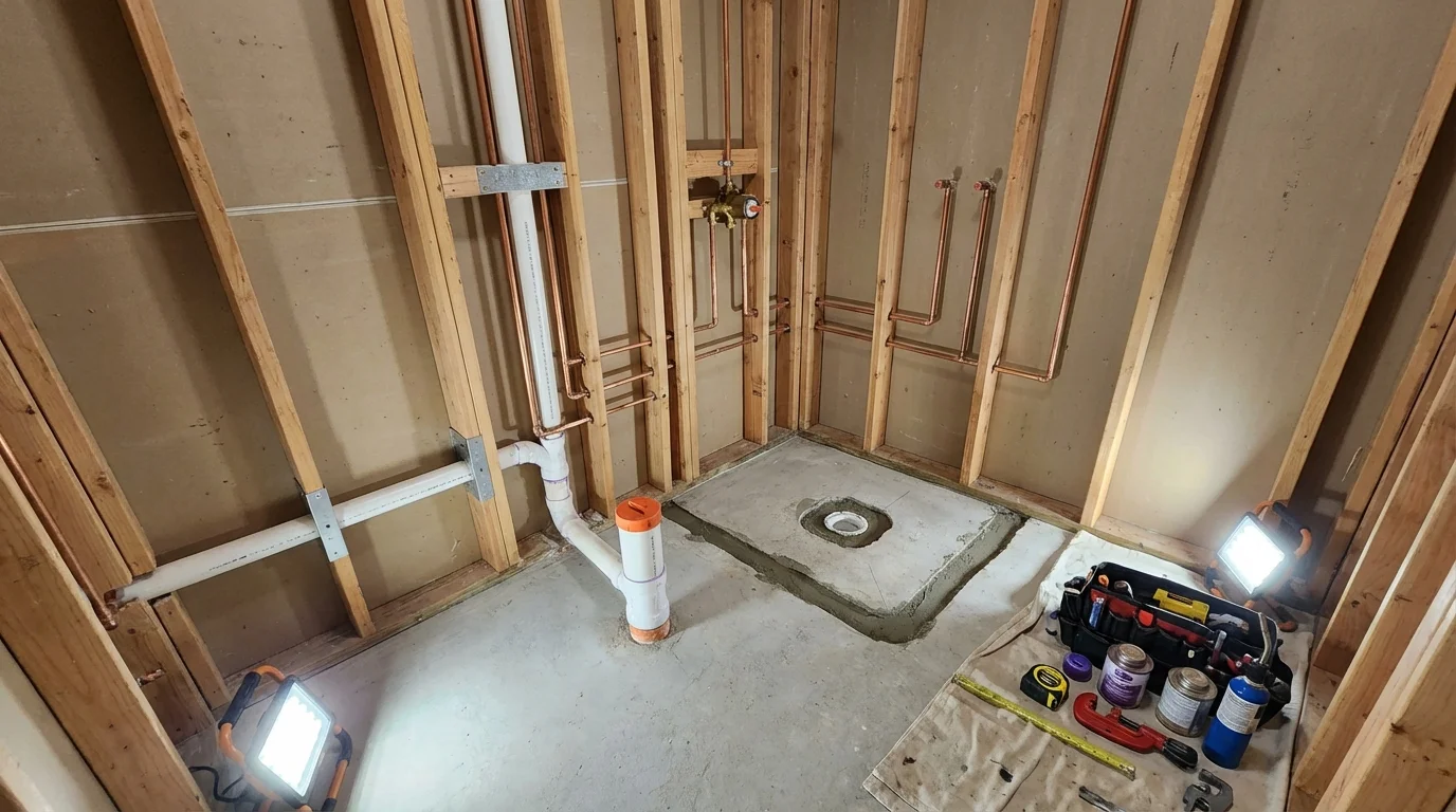 Bathroom rough-in plumbing during remodel by Johns Plumbing LLC in Castine