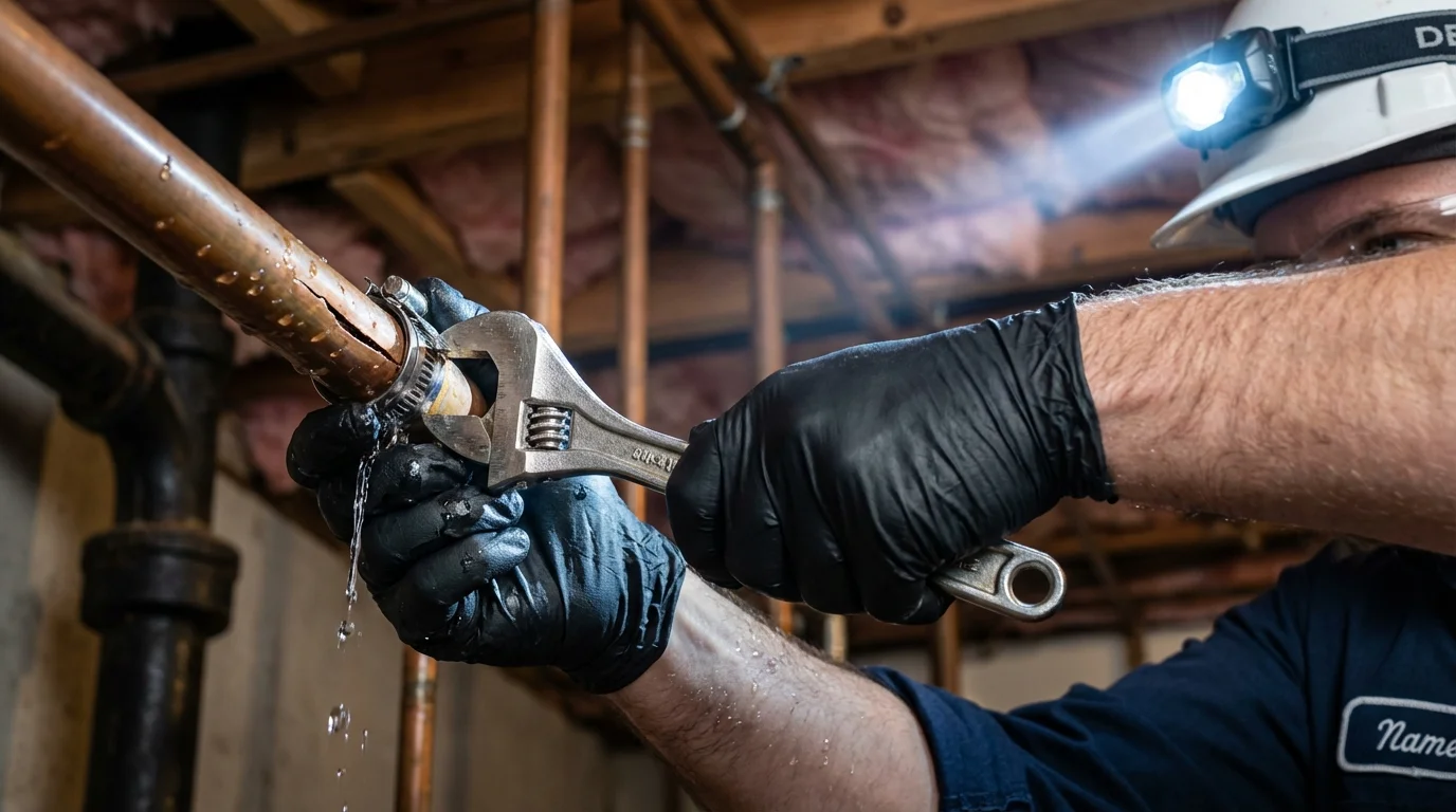 Emergency pipe clamp repair being performed by a Johns Plumbing LLC plumber in Castine