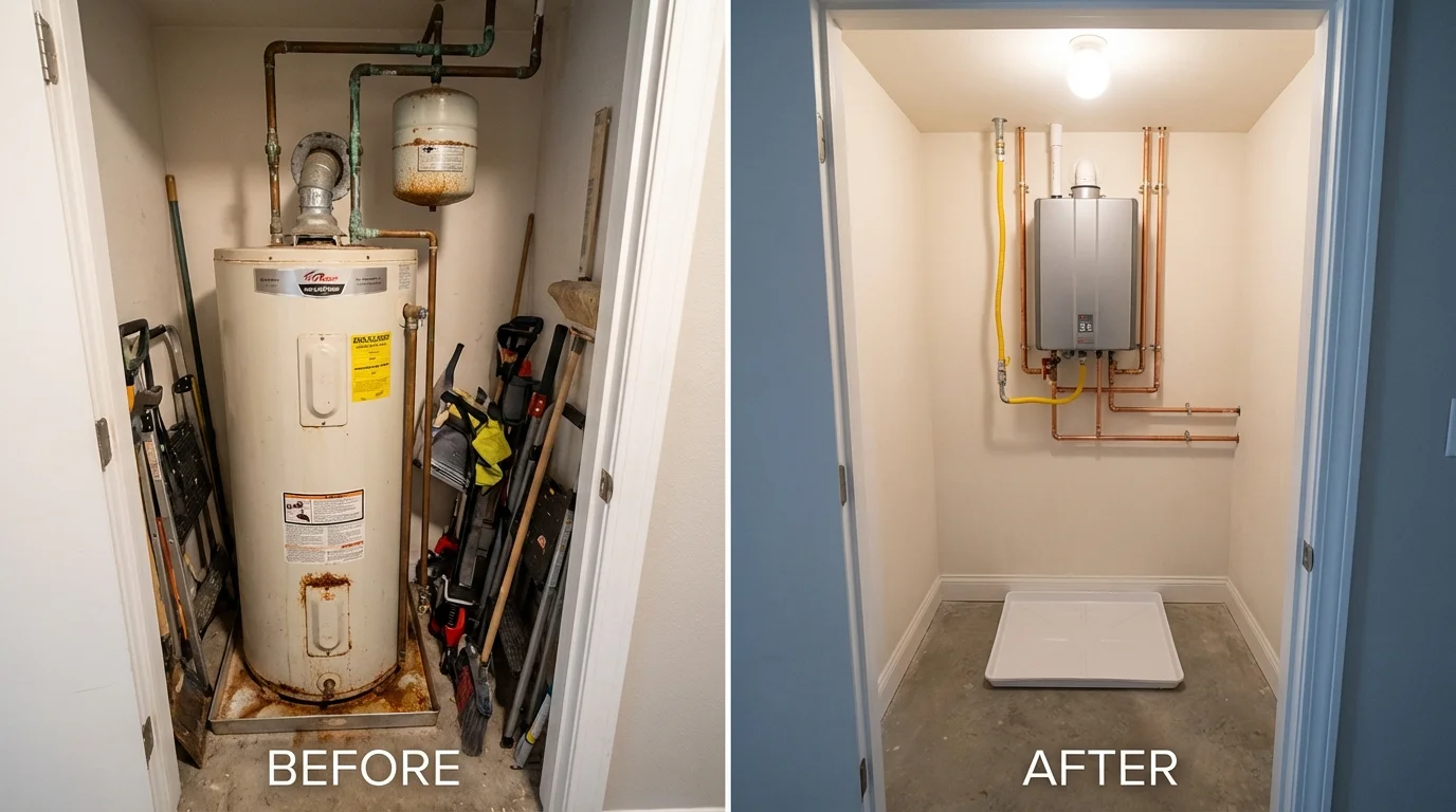 Tank water heater versus wall-mounted tankless unit comparison for Castine, ME homeowners
