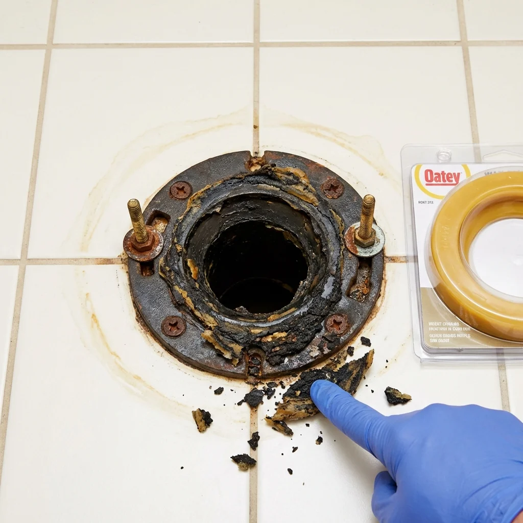 Failed wax ring showing water seepage at the base of a toilet in a Castine, ME home
